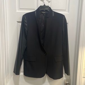 DKNY Black blazer with leather like sleeves and collar trim. Size M